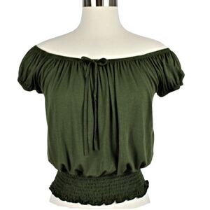 Top Cropped Smocked Elastic Waistband Cap Sleeves Scoop Neck Green Women's Med